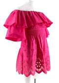 Self Portrait Fuchsia Embroidered Ruffle Off Shoulder Top