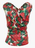 Red Geranium Printed Draped Chiffon Top