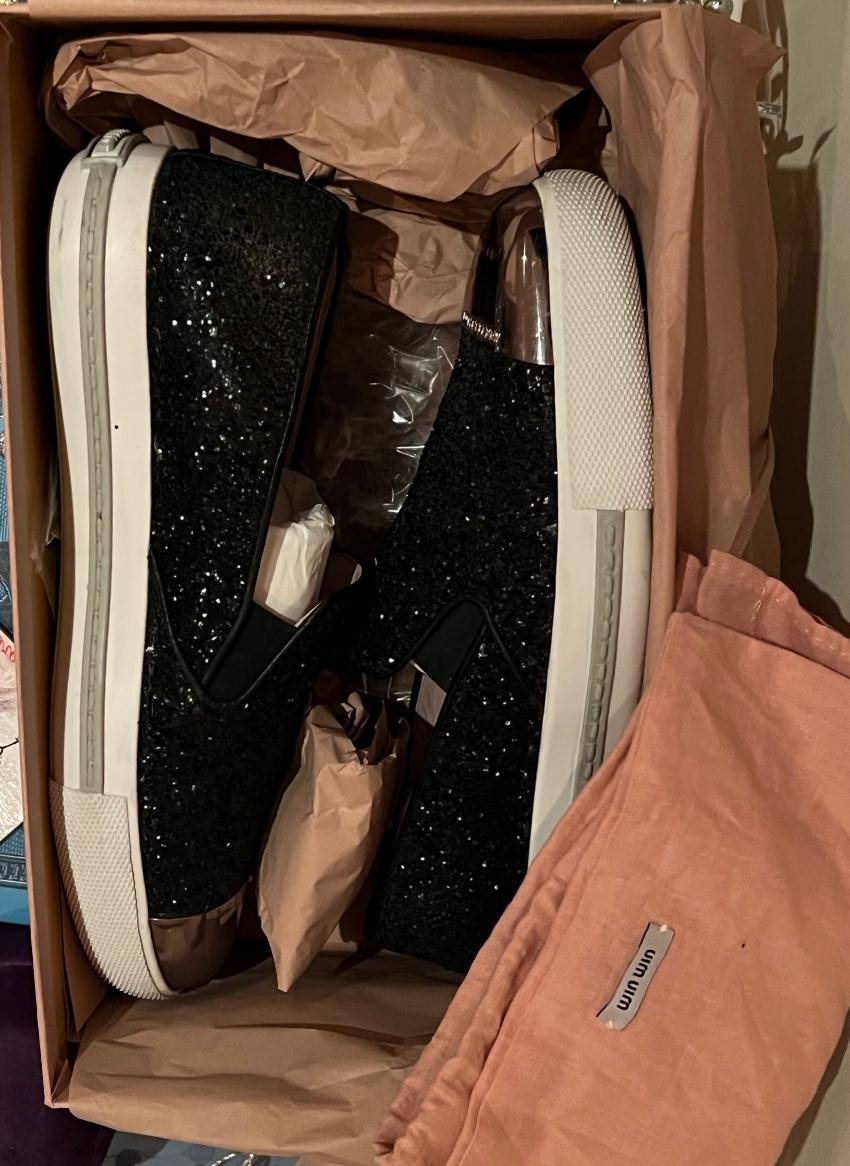 Miu Miu  Black Metallic Silver Toe Cap Slip-On Trainers