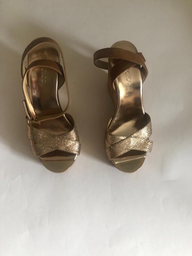 Jimmy Choo Gold Crossover Leather Wedges