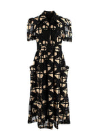 Black & Beige Mesh Macrame Belted Midi Dress