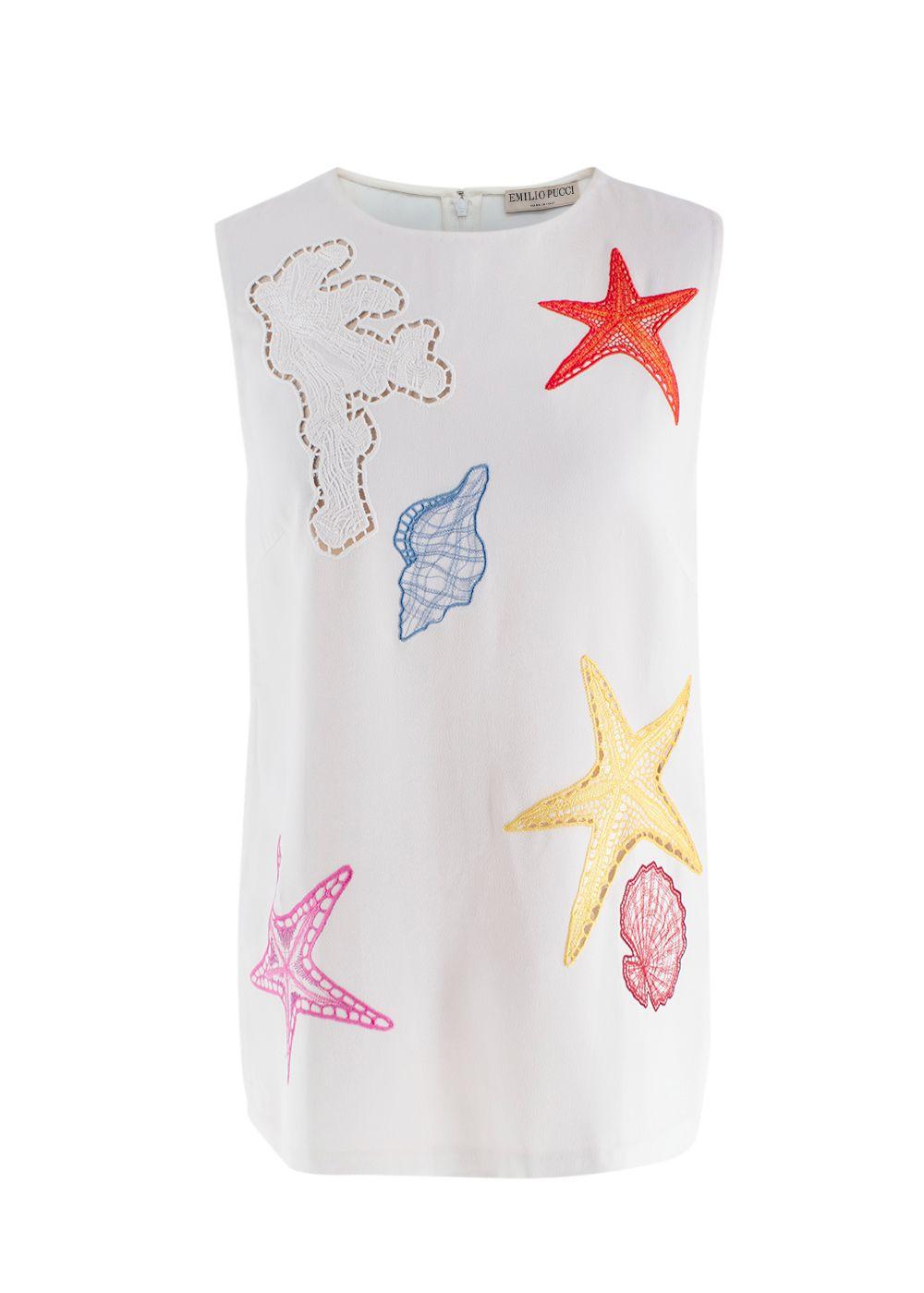 Emilio Pucci  Embroidered White Crepe Sleeveless Blouse