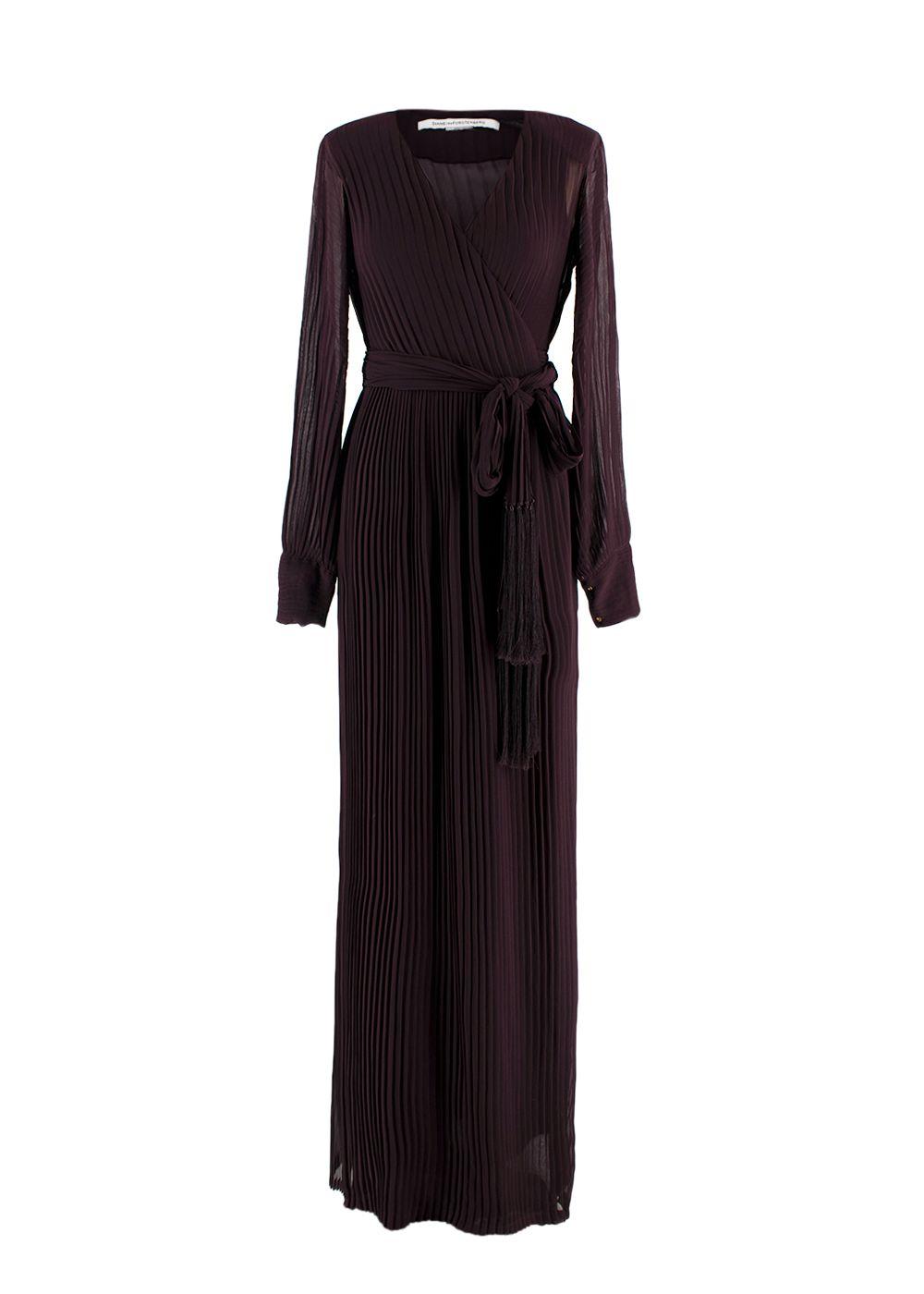Diane Von Furstenberg Burgundy Pleated Wrap Maxi Dress