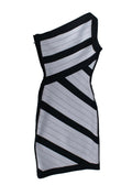 Herve Leger Black and Grey Striped One Shoulder Mini Dress