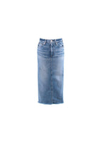 Light Wash Raw Hem Denim Midi Skirt