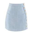 Balmain Blue Cotton Denim Buttoned Mini Skirt