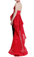 Reem Acra Red Lace Halter-neck Top with Train