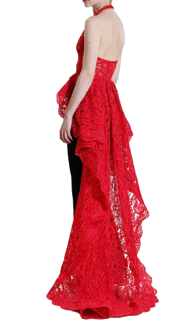 Reem Acra Red Lace Halter-neck Top with Train