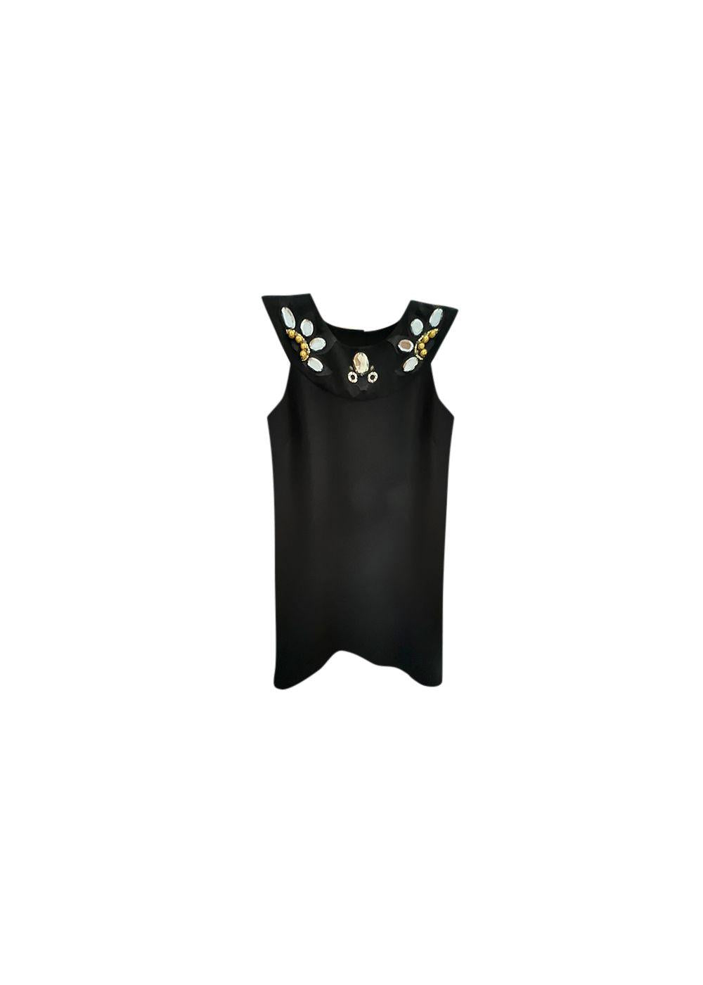Black crepe embellished neckline shift dress