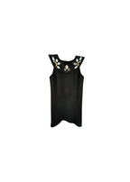 Black crepe embellished neckline shift dress