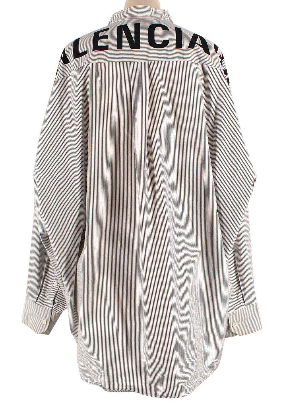 Balenciaga White and Navy Striped Logo Oversized Shirt with Tie Detail