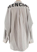 Balenciaga White and Navy Striped Logo Oversized Shirt with Tie Detail