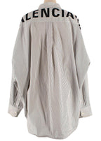 Balenciaga White and Navy Striped Logo Oversized Shirt with Tie Detail