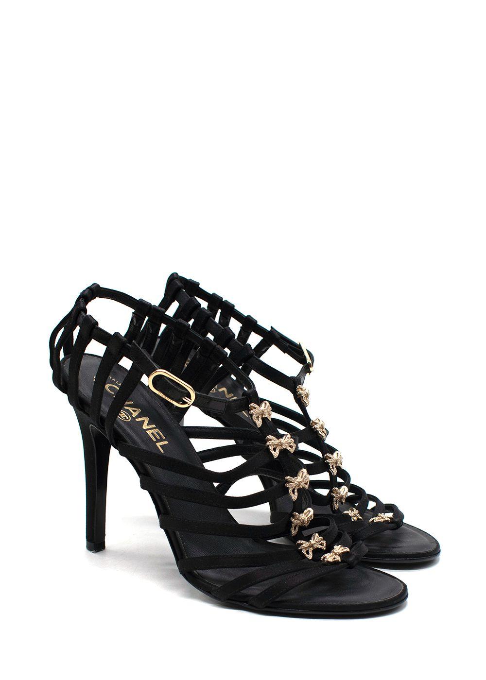 Chanel Black Satin Strappy Heels with Bow Detailing