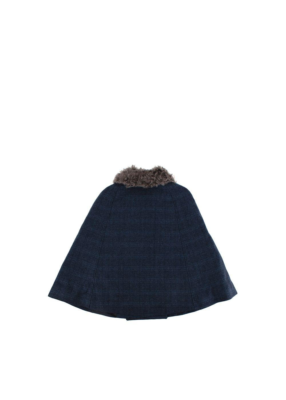 Double-Breasted Blue Checked Cape With Fur Collar