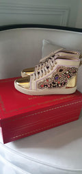 Metallic gold leather & crystal cut-out trainers