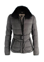 Burberry Grey Belted Puffer Coat with Faux Fur Trim
