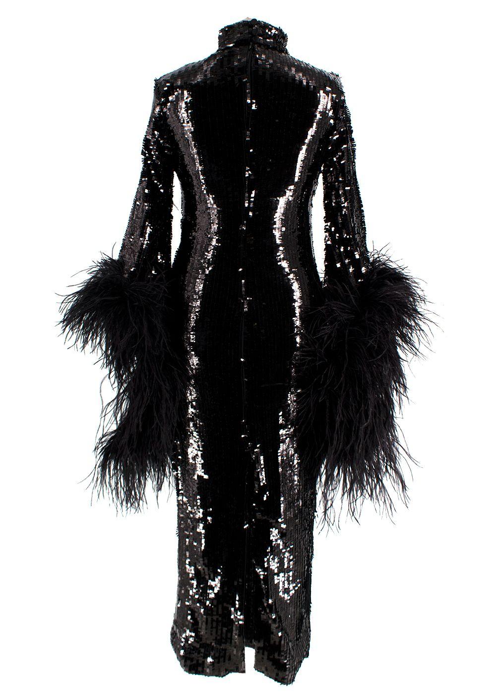 Taller Marmo Black Sequin Gown with Feather Trim
