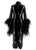Taller Marmo Black Sequin Gown with Feather Trim