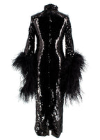 Taller Marmo Black Sequin Gown with Feather Trim