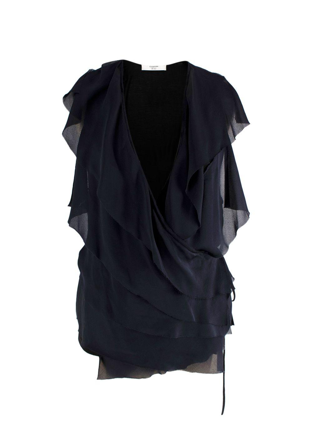 Lanvin Black and Navy Wrap Blouse with Frill Detail