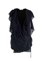 Lanvin Black and Navy Wrap Blouse with Frill Detail