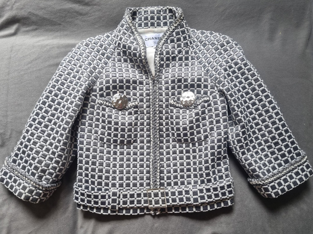 Grey Cropped Braided Edge Tweed Jacket