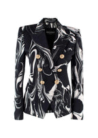 Balmain Black Marble Printed Satin Double Breasted Blazer