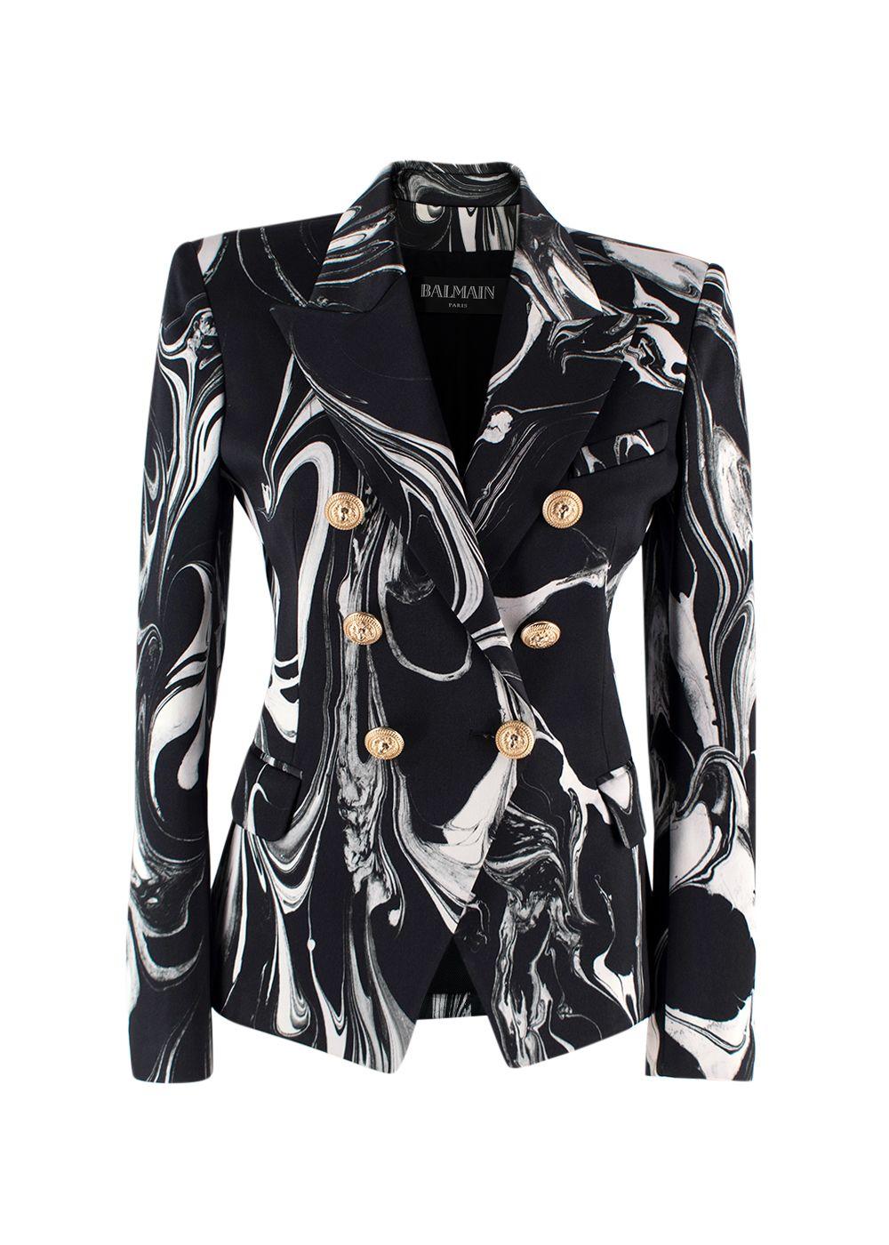 Balmain Black Marble Printed Satin Double Breasted Blazer
