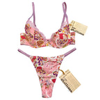 John Galliano Silk Jacquard Flower Power Print Bra & Thong Set