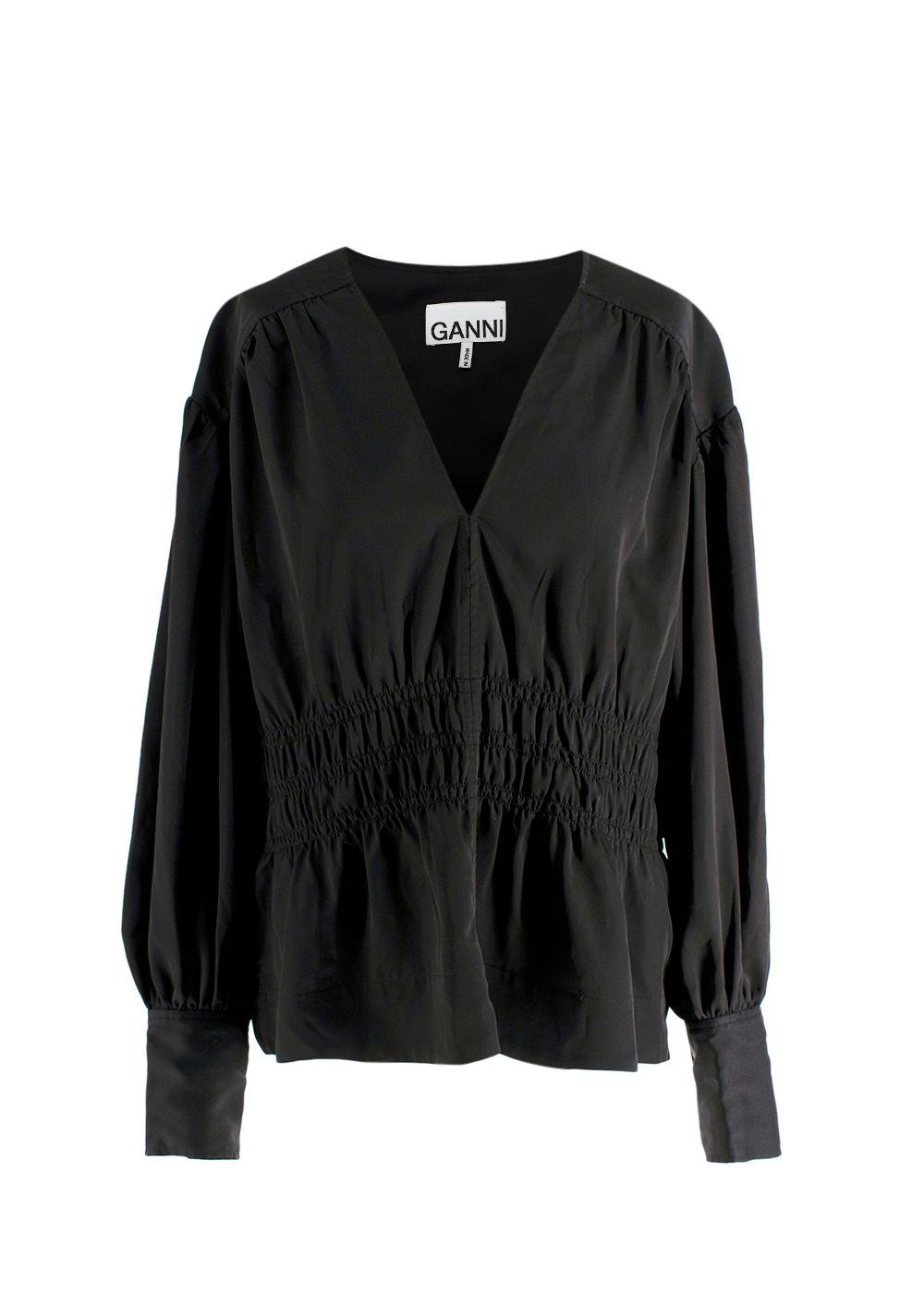 Ganni Black V Neck Ruched Blouse