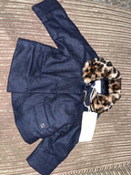 Navy wool faux leopard collar coat