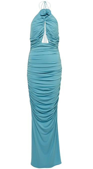 Magda Butrym Blue Ruched Floral Applique Maxi Dress
