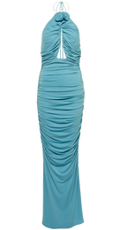 Magda Butrym Blue Ruched Floral Applique Maxi Dress