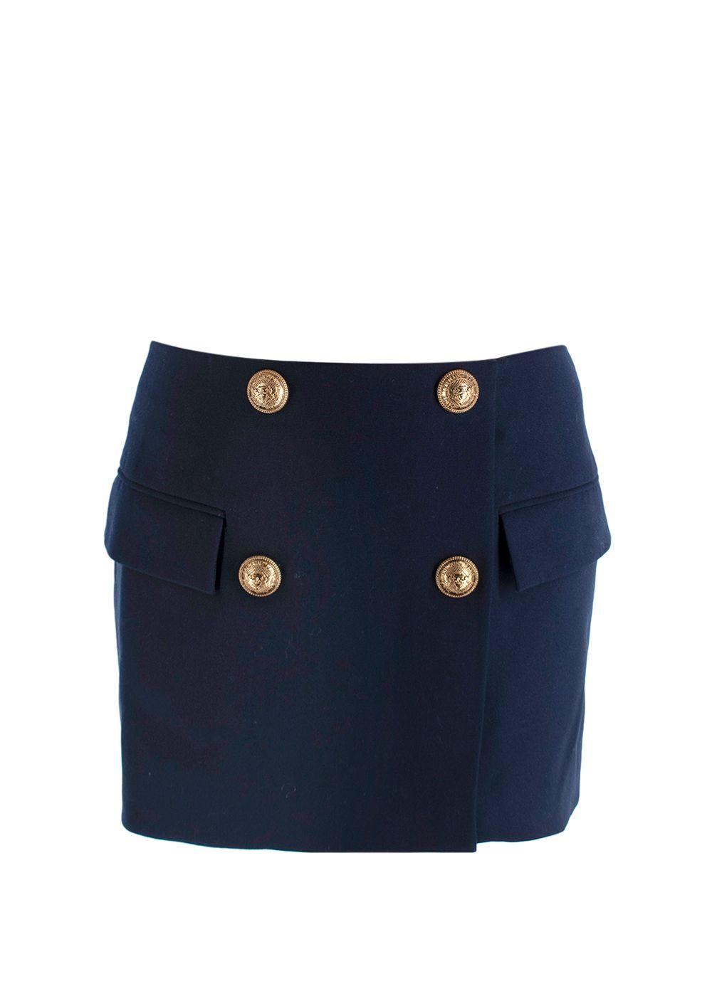 Balmain Navy Double Breasted Effect Wool Mini Skirt