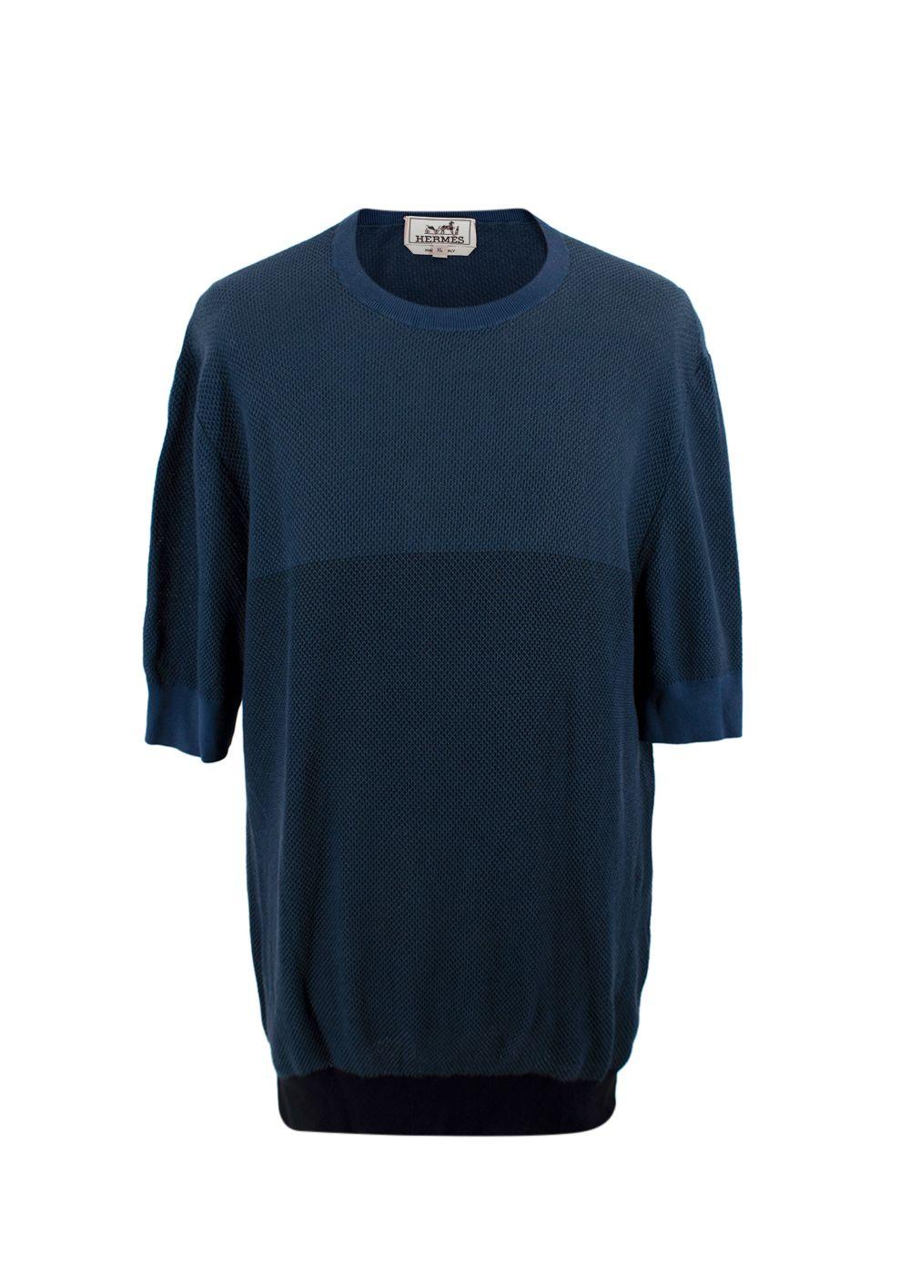 Hermes Blue Two-tone Knitted Cotton  T-Shirt