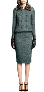 Gucci Green Alpaca & Wool Tweed Suit with Removable Mink Fur Collar