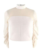Balenciaga White Sheer Panel Ruched Sleeve High Neck Top