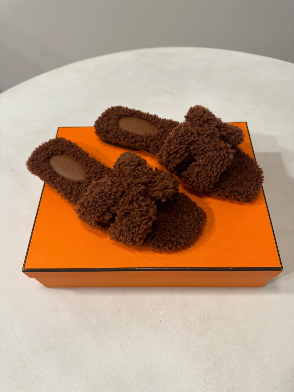 Hermes Cognac Fluffy Oran Sandals