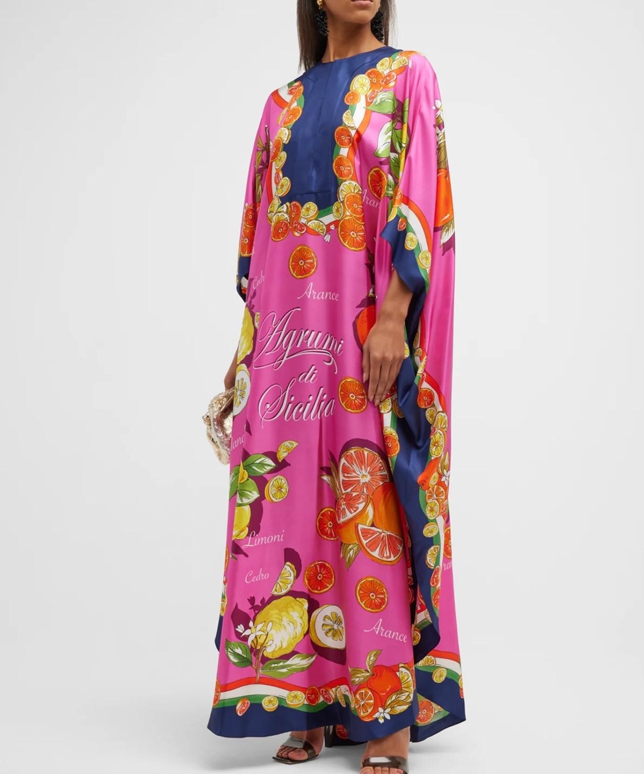 Pink Capri Silk Painterly Fruit Kaftan
