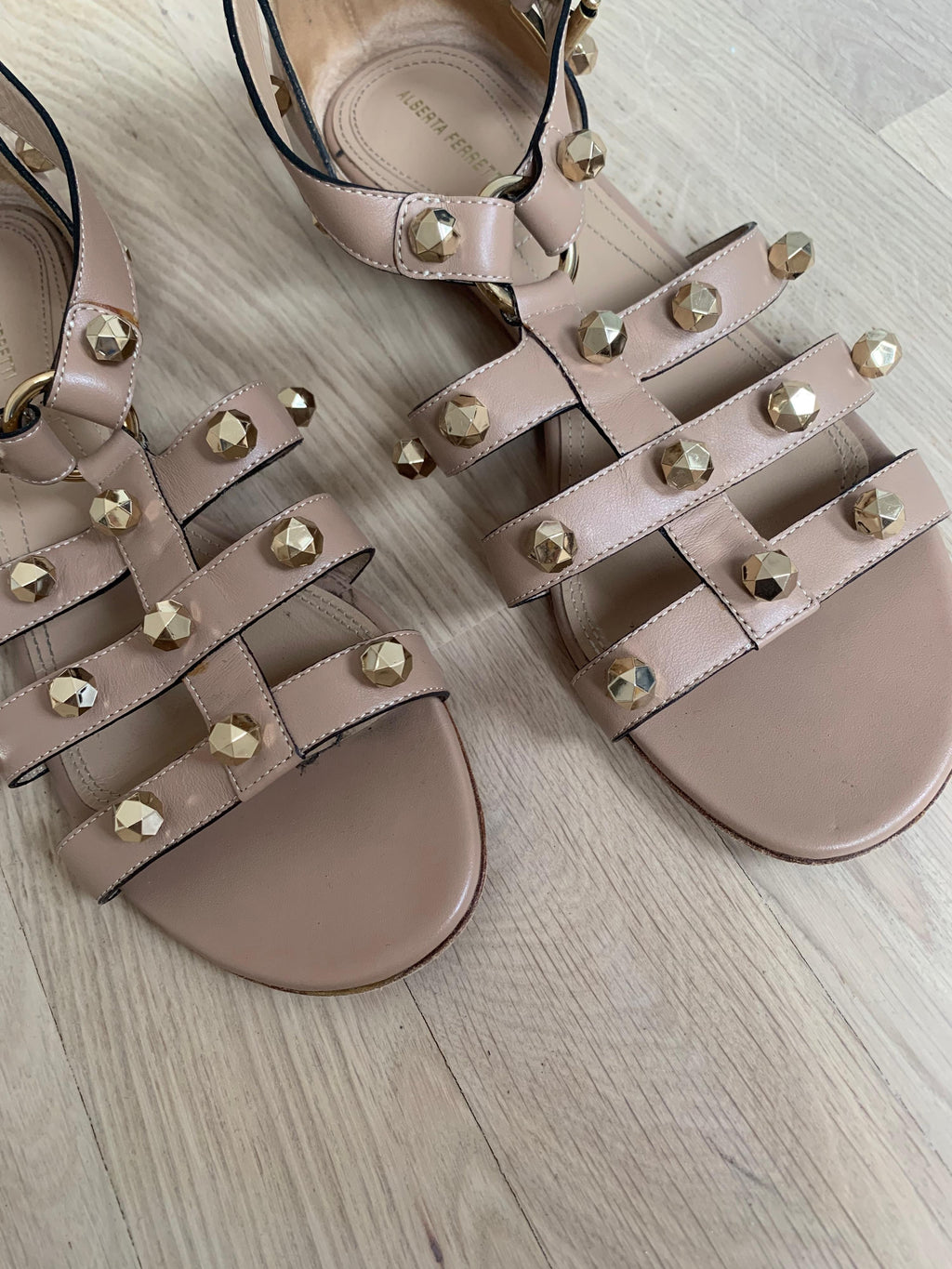 Nude Leather Studded Gladiator Sandals