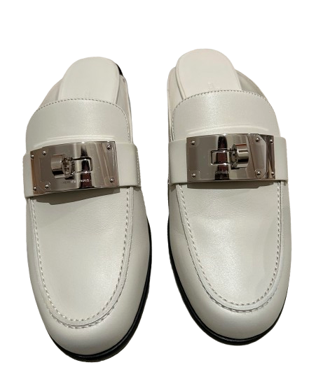 Hermes White Kelly Buckle Mules