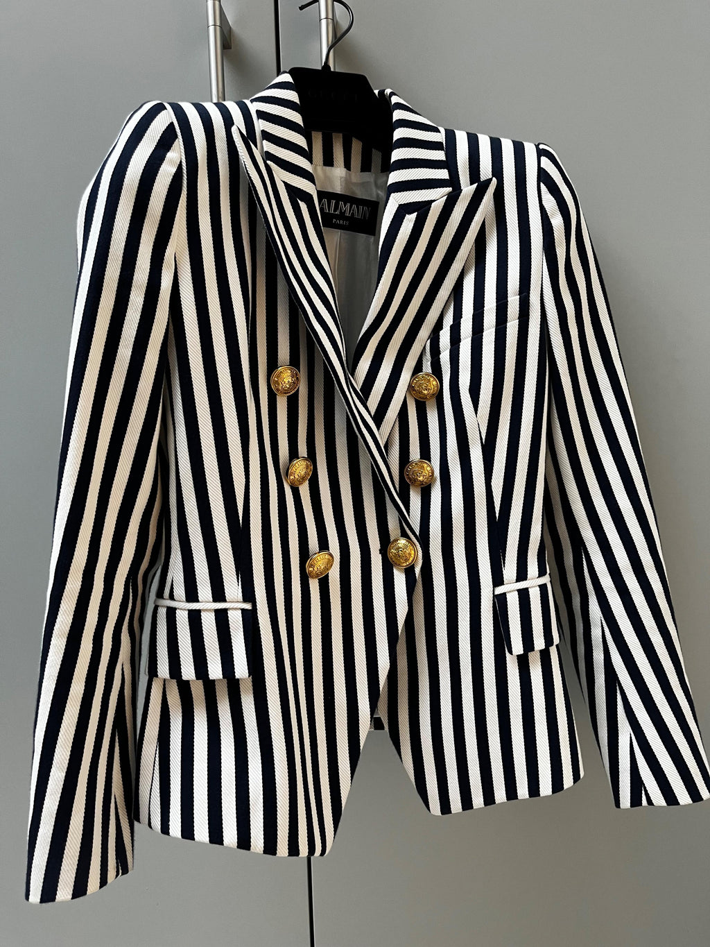 Balmain Navy and White Striped Double Breasted Blazer