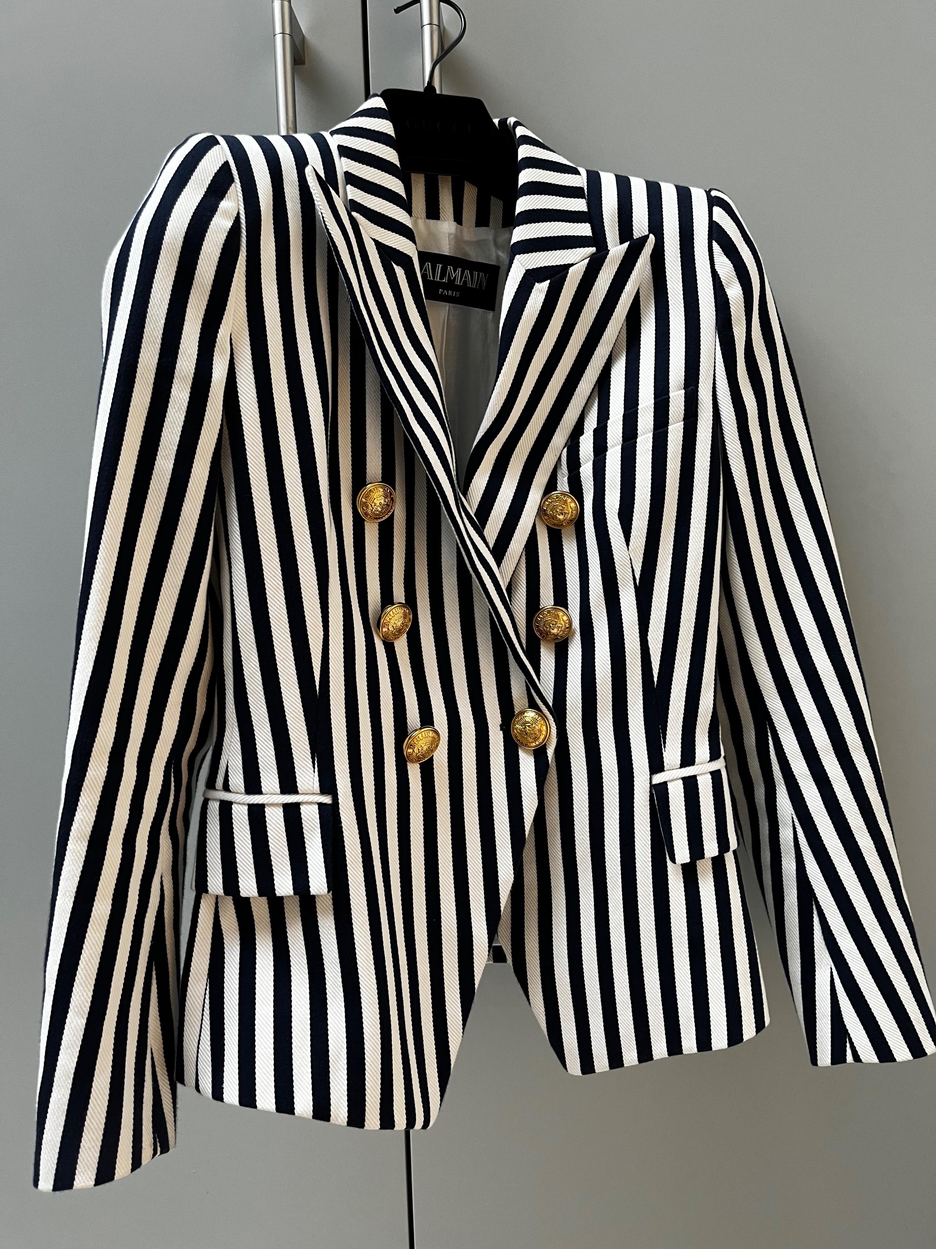 Balmain Navy and White Striped Double Breasted Blazer