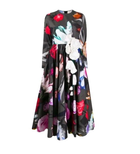 Prada Floral Embellished Midi Dress with Floral Applique