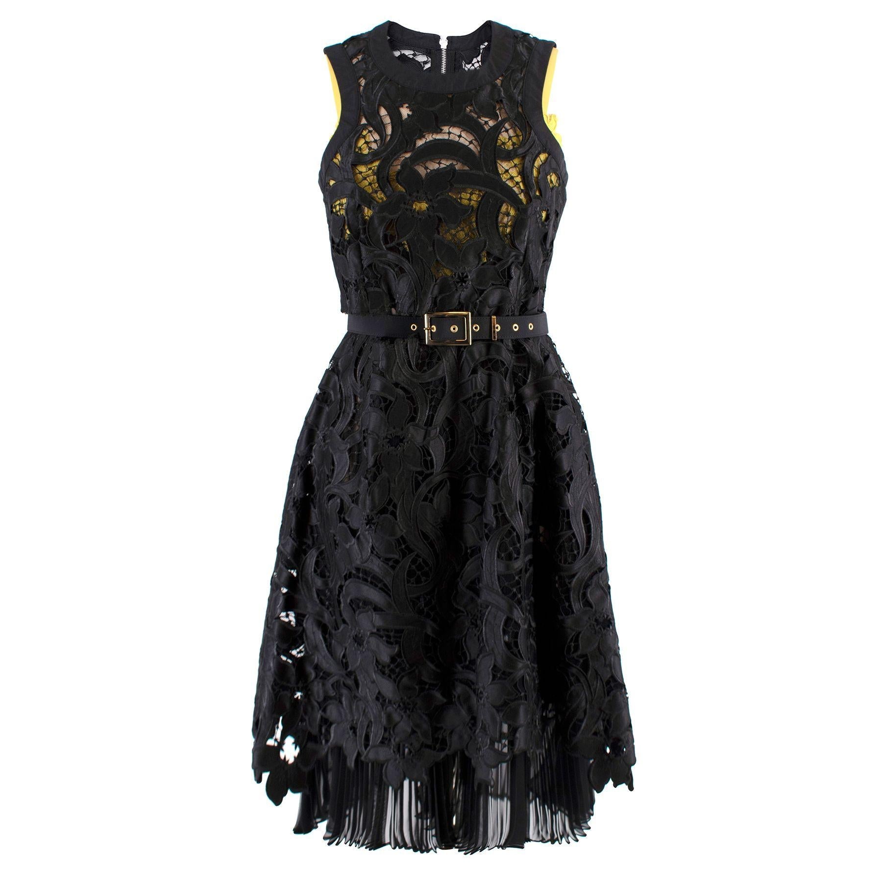 Sacai Black & Yellow Belted Floral Lace Dress