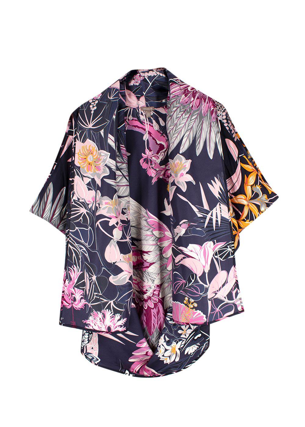 Hermes Navy and Pink Floral Print Silk Lightweight Open Scarf Blouse