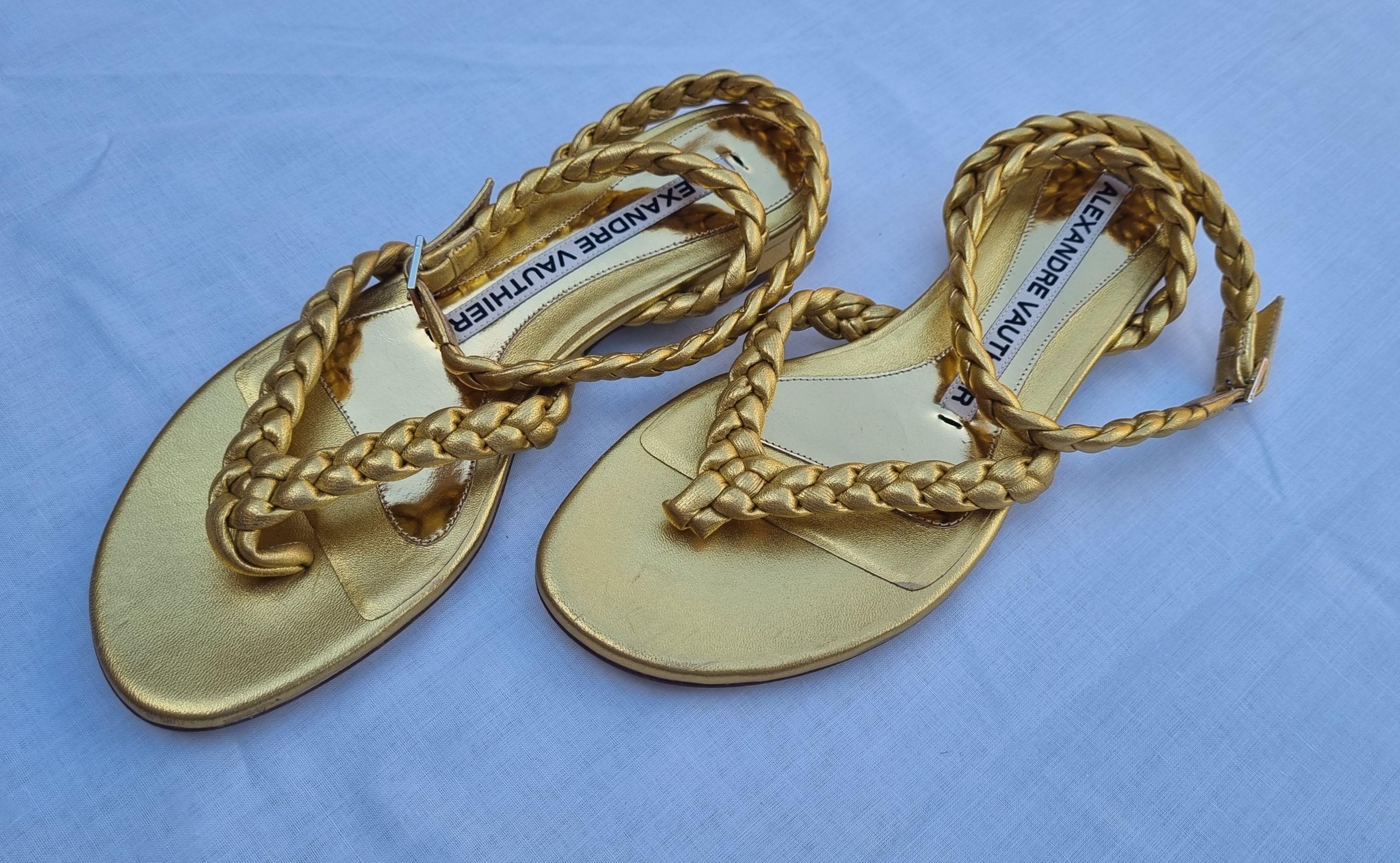 Gold leather braided thong sandals