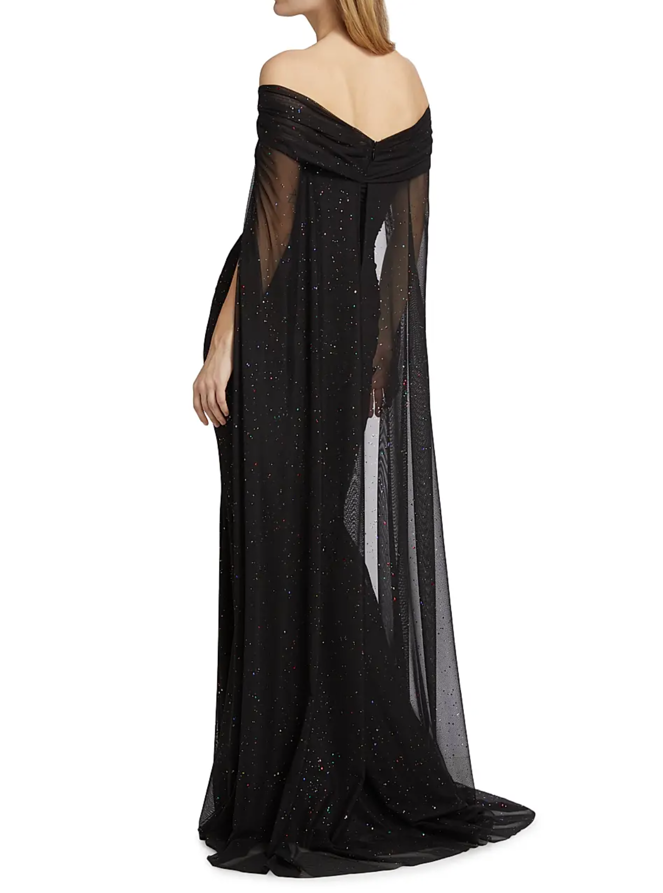 Talbot Runhof Confetti Tulle Off-The-Shoulder Cape Gown