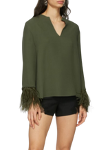 Valentino Khaki Silk Blouse with Feather Trim